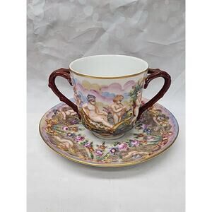 Antique 19th C. Capodimonte Porcelain 2 Handled Tea Cup & Saucer N Crown Italy